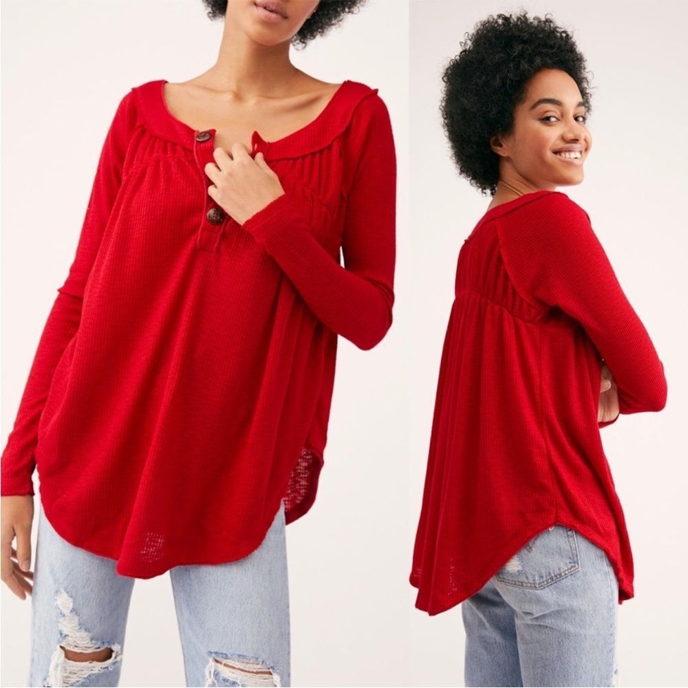 Free People Must Have Thermal Henley Top in Red Women's Sz. Small Long Sleeve